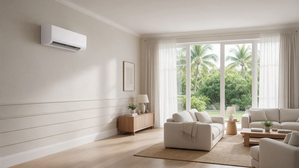 Wall-mounted ductless mini-split in a bright Florida living room