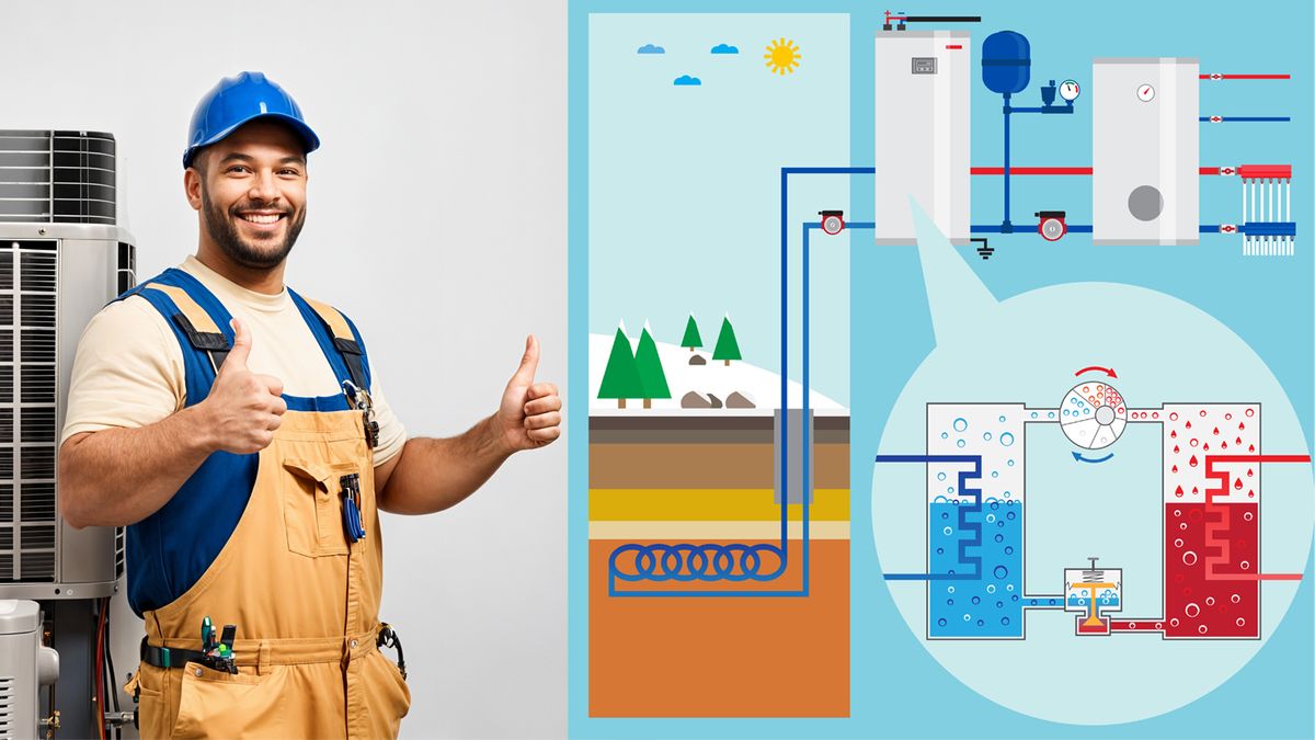 Water source heat pump installation diagram showing system operation and underground heat exchange in residential HVAC system