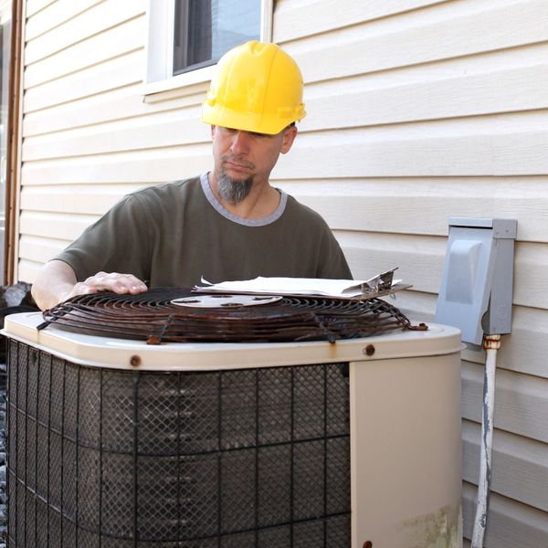 HVAC contractor repairs old AC unit