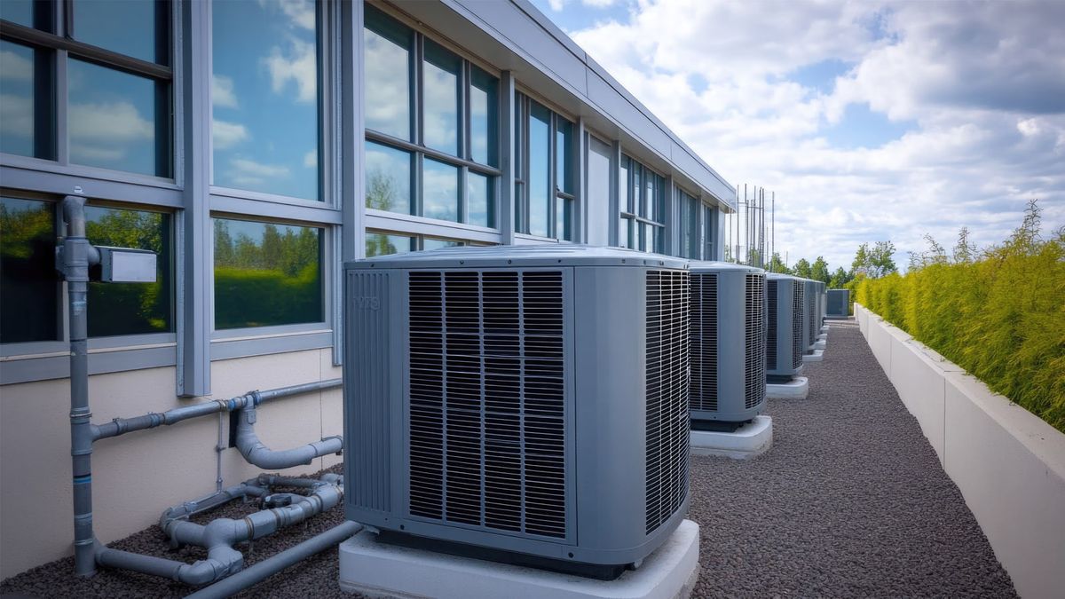 American Standard AC units installed outside a commercial building with high-efficiency condenser systems