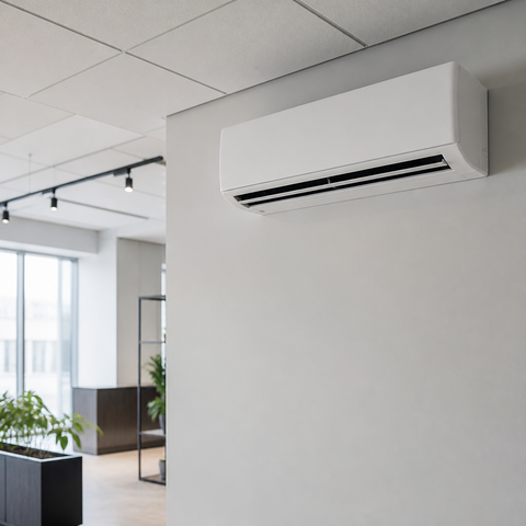 A slim white ductless mini-split indoor unit mounted high on the wall of a bright, modern open-plan office in South Florida, with acoustic ceiling tiles, track lighting, floor-to-ceiling windows, and potted plants in the background. Commercial mini-split systems like this one provide zoned cooling for offices, retail spaces, and other business interiors without the downtime of central ductwork. Wall-mounted commercial mini-split system installed in a modern South Florida office