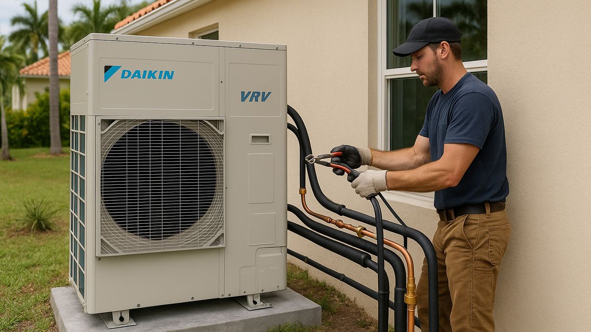 Technician installing Daikin VRV system during residential air conditioning service in South Florida