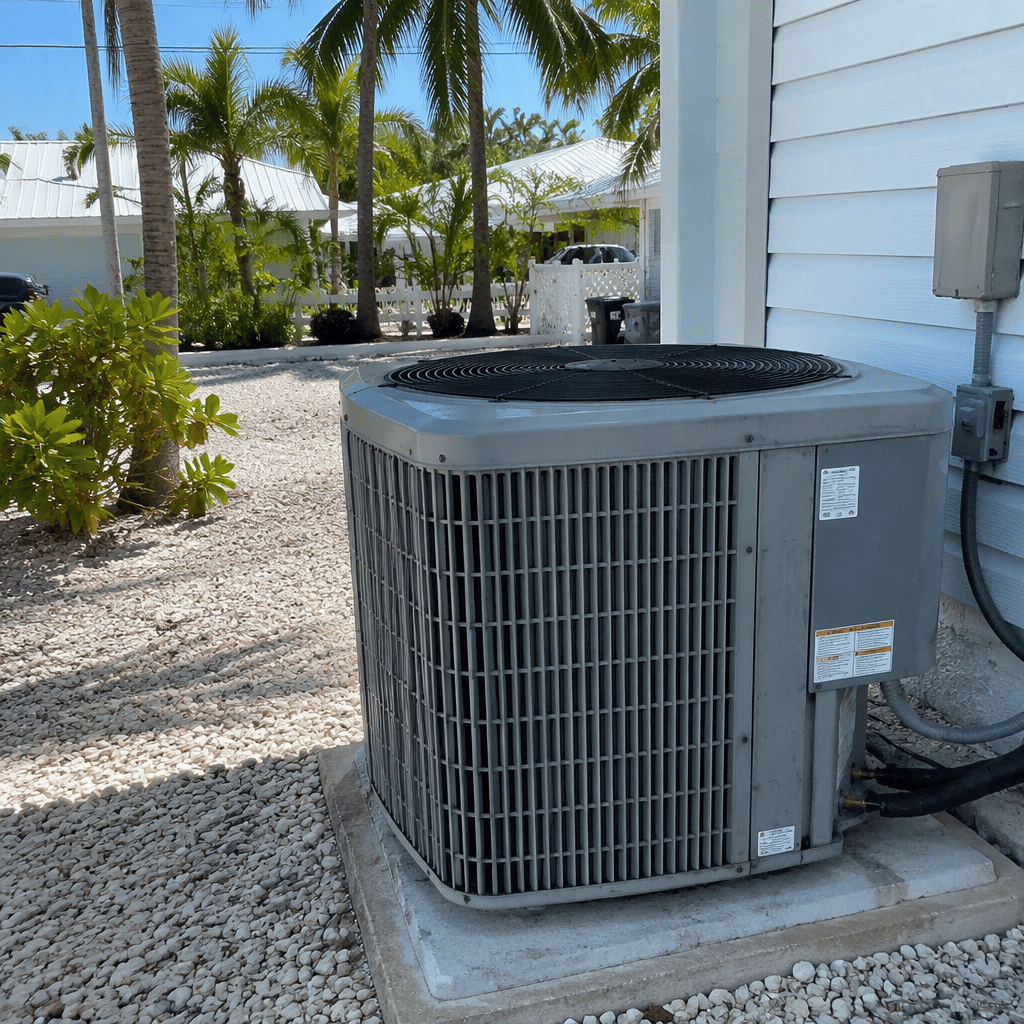 Mature outdoor AC condenser at a Florida Keys home weighing repair versus replacement