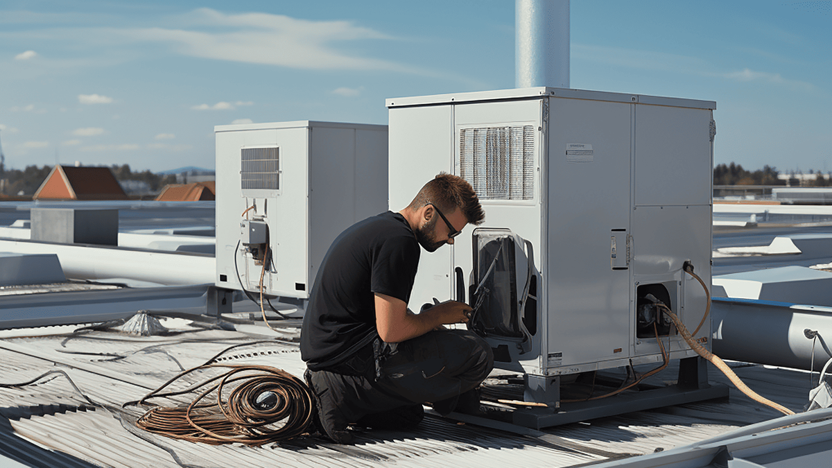 HVAC technician inspecting a commercial rooftop unit