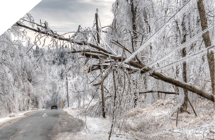 ice storm with frozen power lines