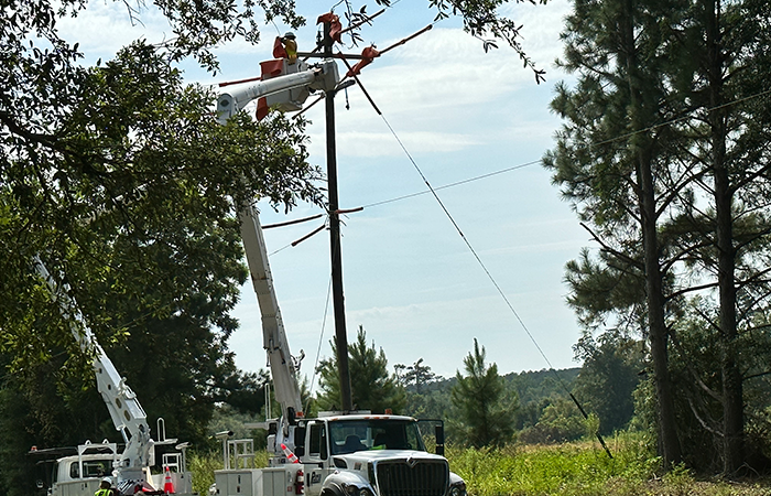 Powerline workers at the top of a powerline