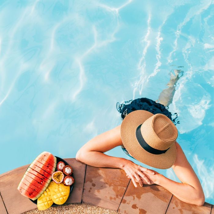 woman in luxury outdoor pool