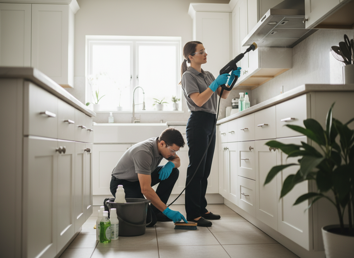 Two professional cleaners, a woman using a steam cleaner on a range hood and a man scrubbing the kitchen floor. Professional Kitchen Deep Cleaning