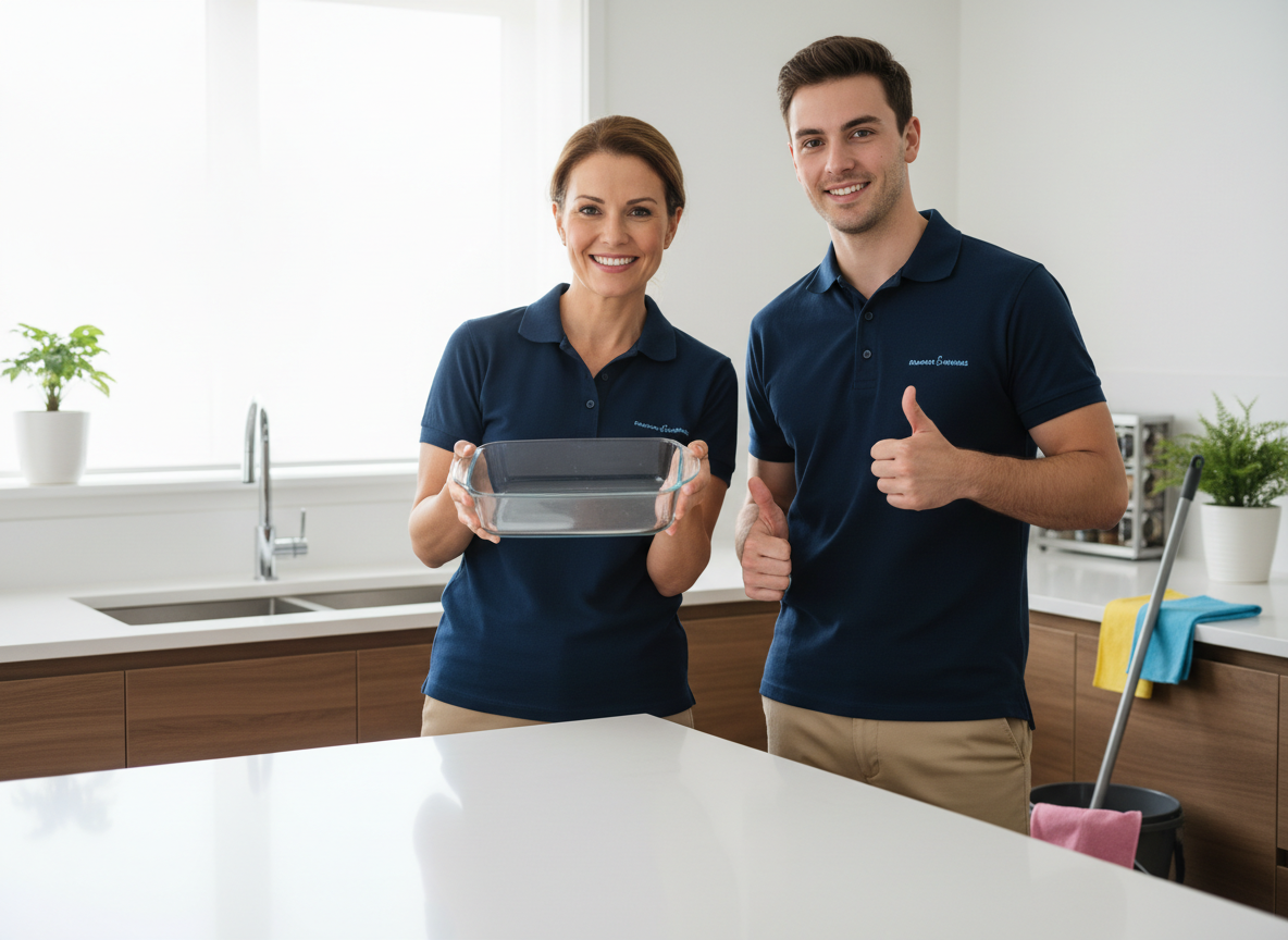 Two smiling cleaning professionals in uniform, a woman holding a baking dish and a man giving thumbs-up, in a bright kitchen. Cleaning Service Professionals in a Modern Kitchen