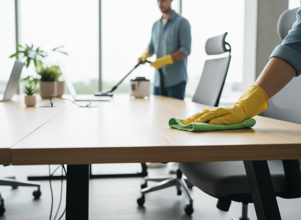 Two cleaners, wearing yellow gloves, tidying a modern office. One wipes a wooden desk with a green cloth, another vacuums in the background. Professional Office Cleaning