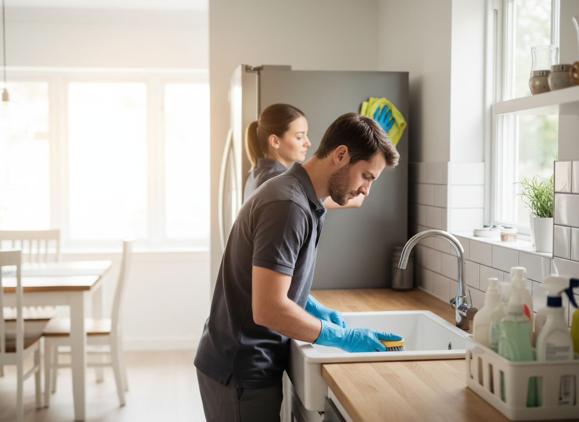 A man in blue gloves scrubs a kitchen sink while a woman cleans a refrigerator with a yellow cloth, showcasing a professional cleaning service. Professional Kitchen Cleaning Service