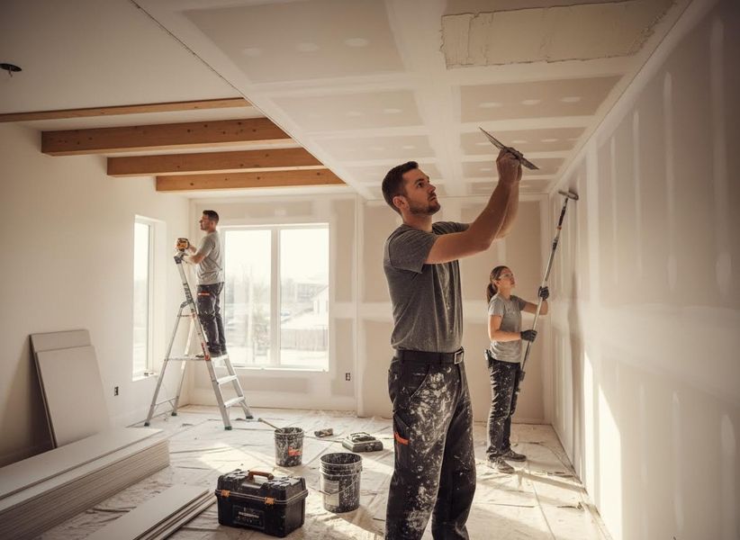 Three construction workers in a new build applying drywall compound to walls and ceilings. One is on a ladder, another uses a trowel, and a woman rolls a wall. Drywall installation and finishing team