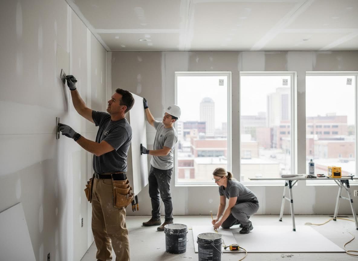Construction Team Installing Drywall in a Modern Building