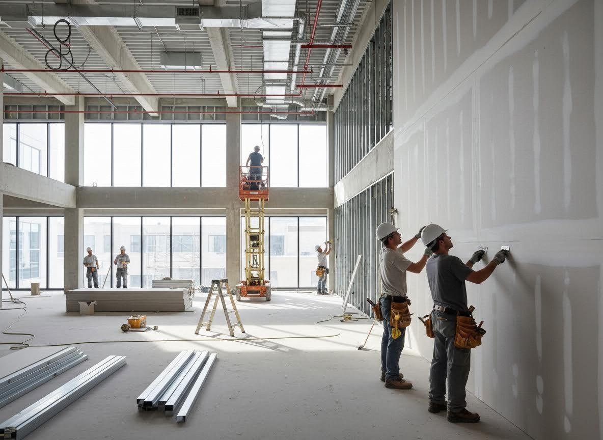 Construction workers finishing drywall in a large commercial building