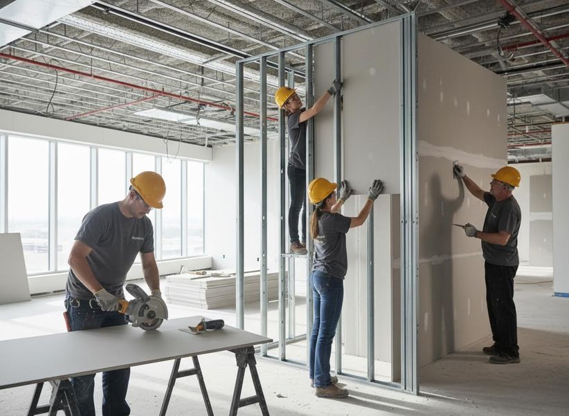 Construction crew working on drywall installation
