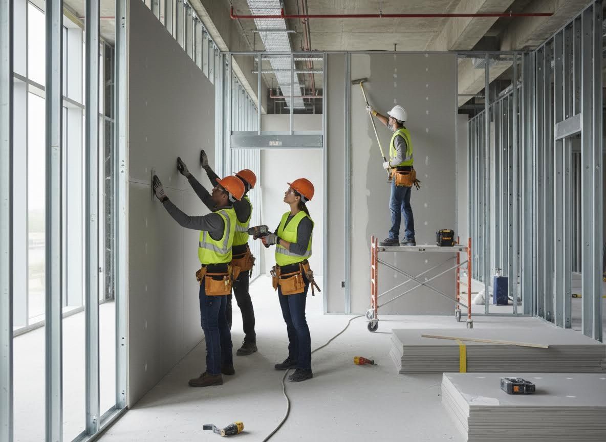 Construction workers installing drywall in a new building