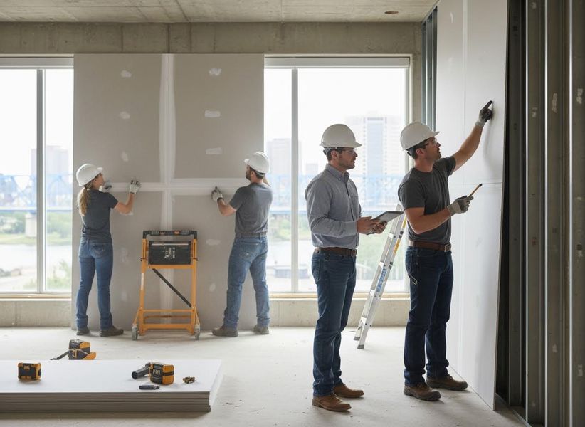 A construction team installs drywall and plasters walls in a bright, unfinished room with city views; a supervisor observes. Construction workers installing drywall in a new building