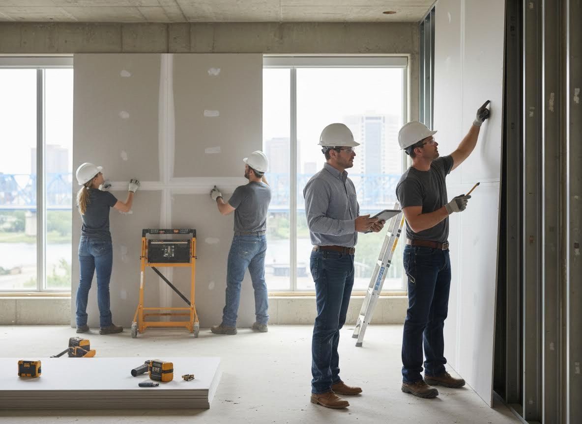 Construction workers installing drywall in a new building