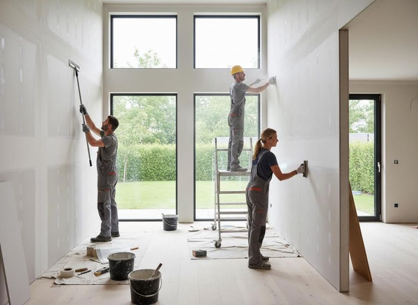Three construction workers, two men and one woman, are smoothing freshly plastered white walls in a bright, modern room with large windows. Construction workers plastering walls in a modern room