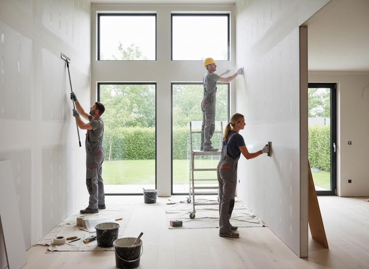 Construction workers plastering walls in a modern room