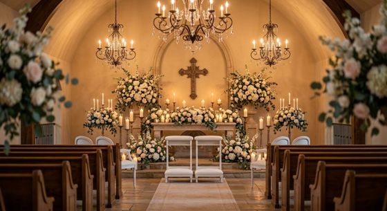 Warmly illuminated wedding chapel altar adorned with floral decor and chandeliers for an intimate ceremony in Nashville.