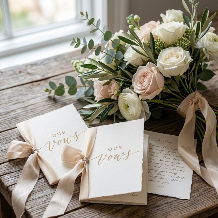 Handwritten personal vow booklets tied with ribbon next to a fresh wedding bouquet on a rustic wooden table.