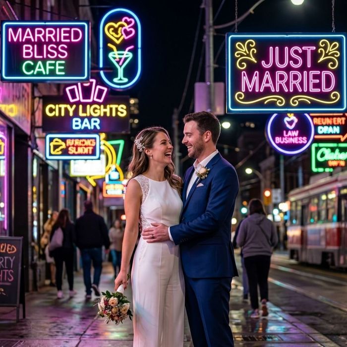 Bride and groom smiling under colorful neon lights on Lower Broadway in downtown Nashville at night.