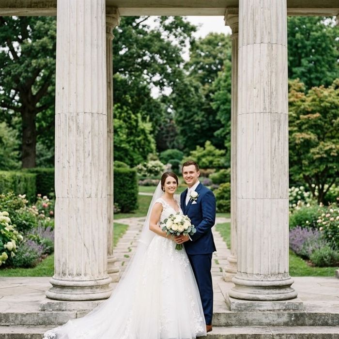 Newlyweds posing elegantly in front of the architectural columns of the Nashville Parthenon in Centennial Park.