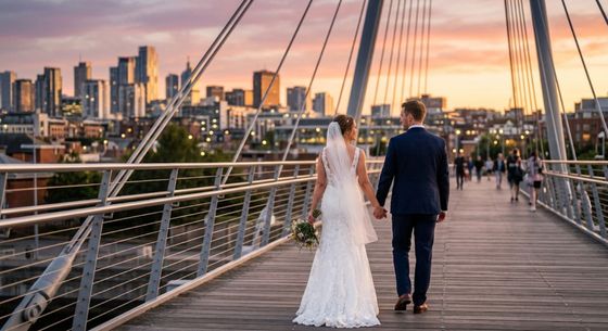 Newlywed couple walking on a pedestrian bridge overlooking the Nashville skyline at sunset after their wedding.