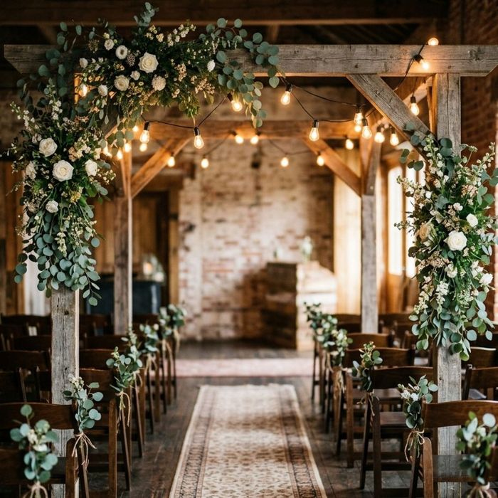 Warmly lit intimate wedding chapel setup with a floral wooden arch and romantic string lights.