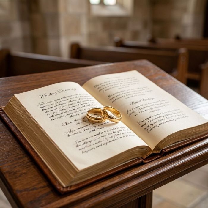 Close-up of traditional gold wedding rings placed on an open wedding ceremony book at the altar.