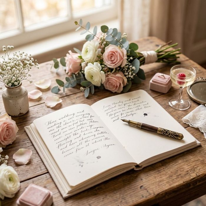 Personalized vow notebook and vintage writing pen styled on a wedding preparation table with subtle greenery.