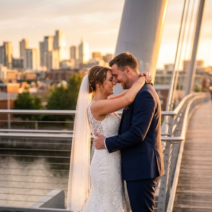 Happy couple embracing on the John Seigenthaler Pedestrian Bridge with the Nashville skyline in the background.