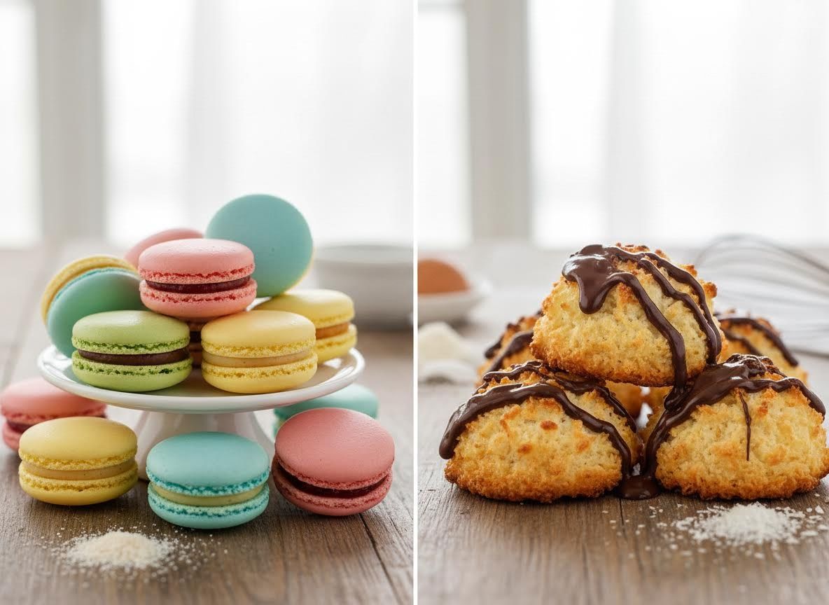 Colorful Macarons and Chocolate Drizzled Coconut Macaroons Assortment
