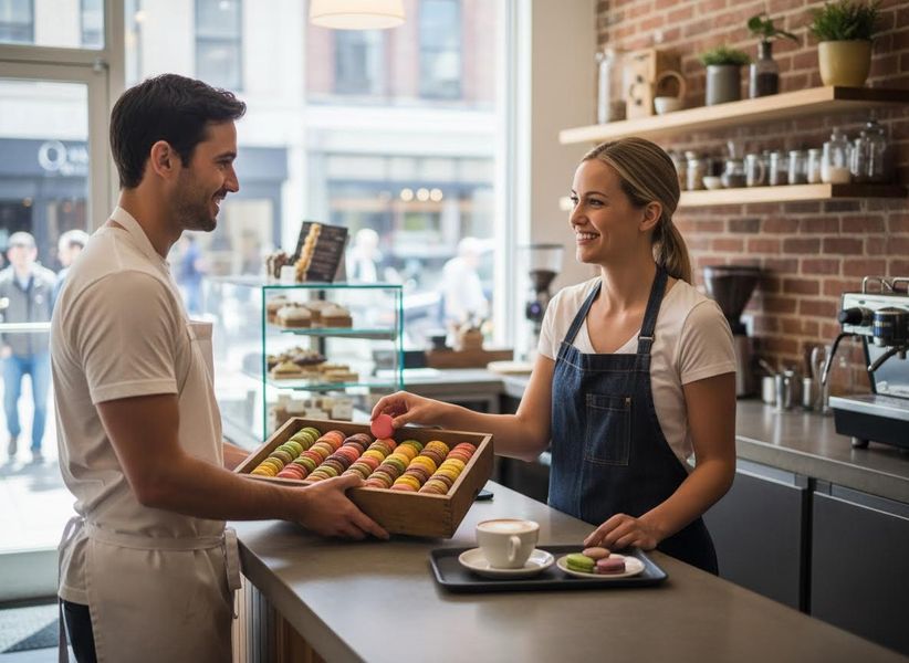 Cafe staff exchanging colorful macarons
