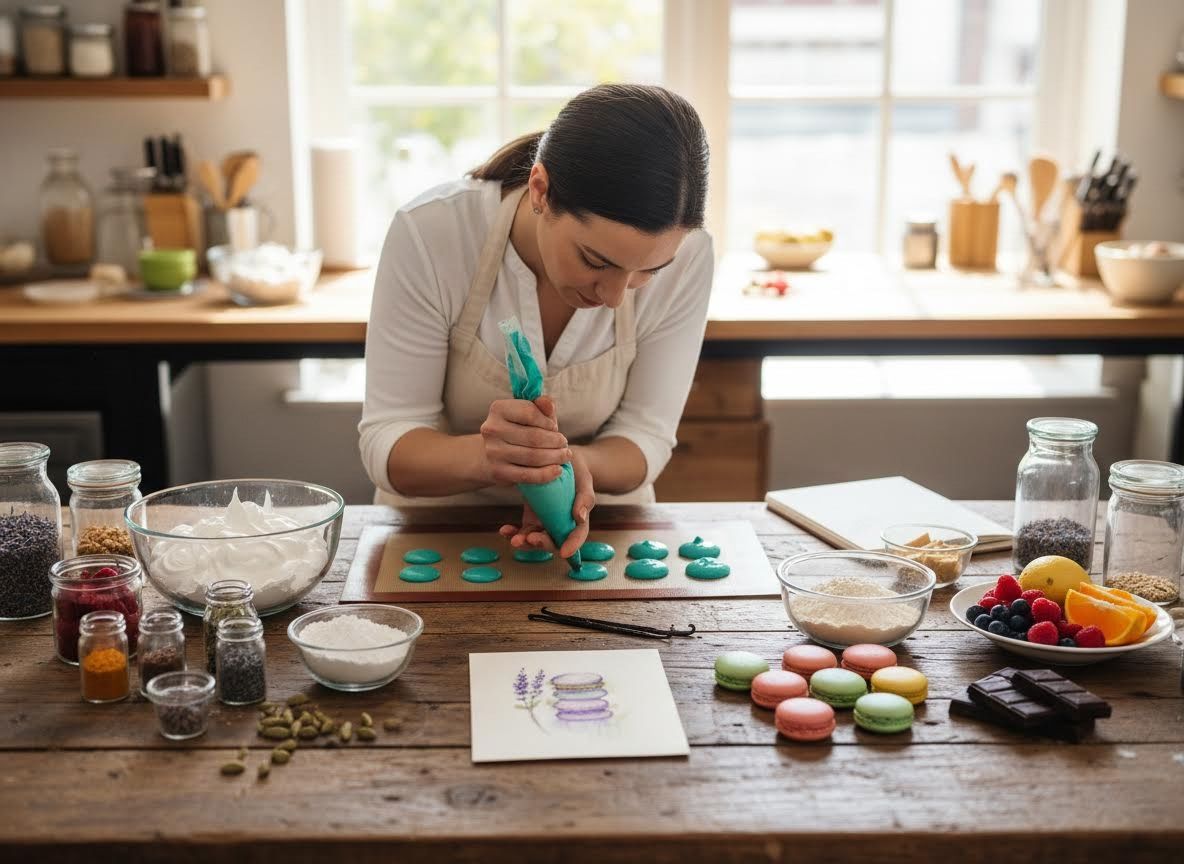 Skilled baker meticulously piping teal macarons in a rustic kitchen.