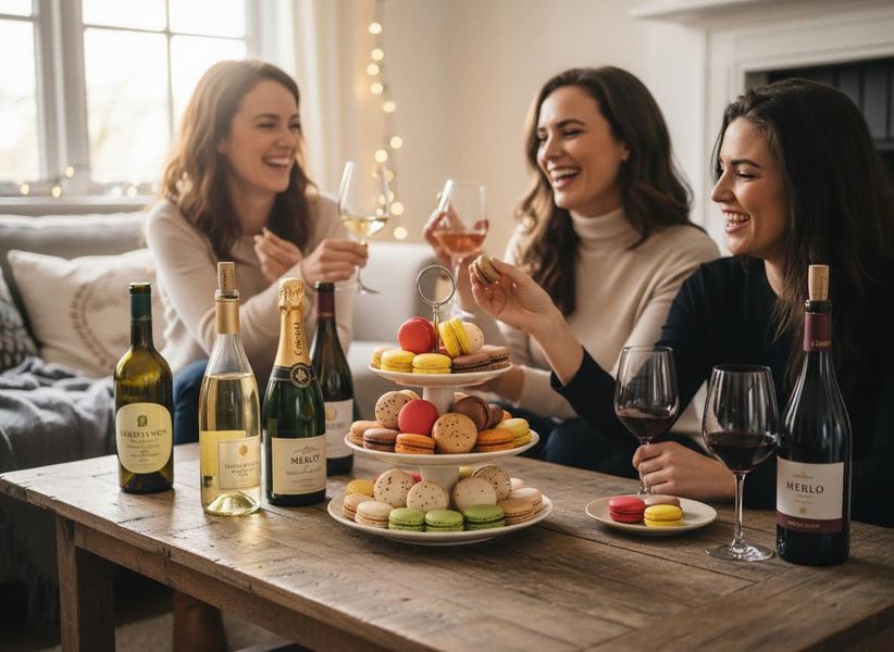 Three Women Enjoying Wine and Macarons Together