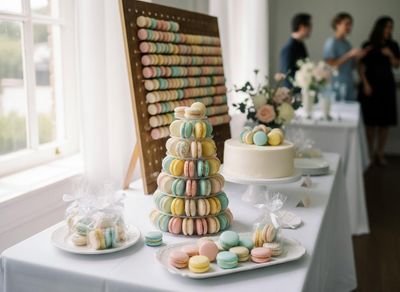 Elegant Dessert Table with Pastel Macarons and Cake
