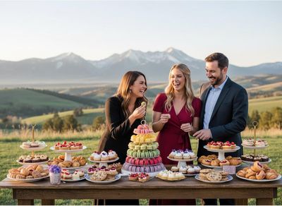 Friends Enjoying Desserts in a Mountain Landscape