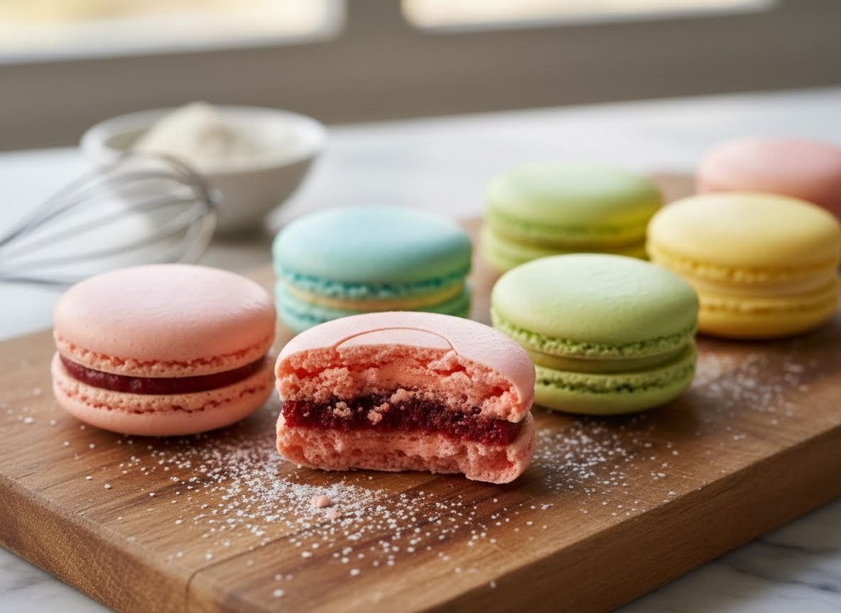 Assorted Colorful Macarons on a Wooden Board