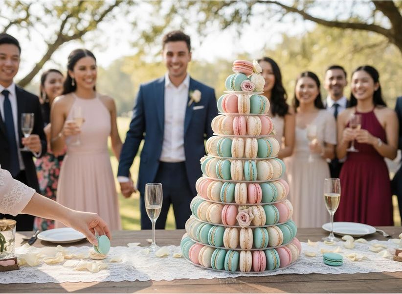 Elegant Macaron Tower at Outdoor Wedding Reception
