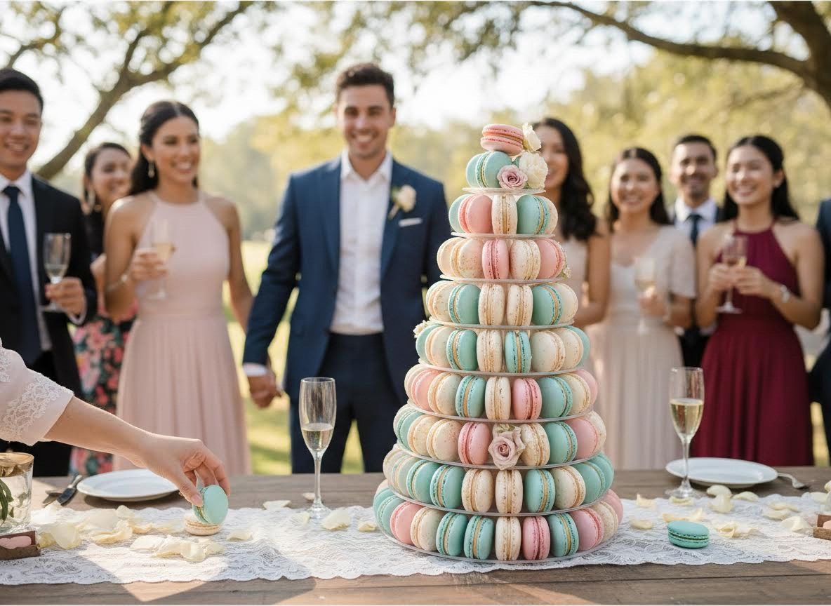 Elegant Macaron Tower at Outdoor Wedding Reception