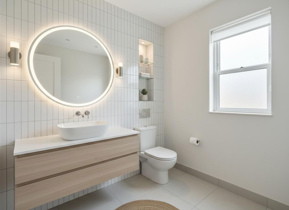 Modern Bathroom with Illuminated Mirror and Floating Vanity