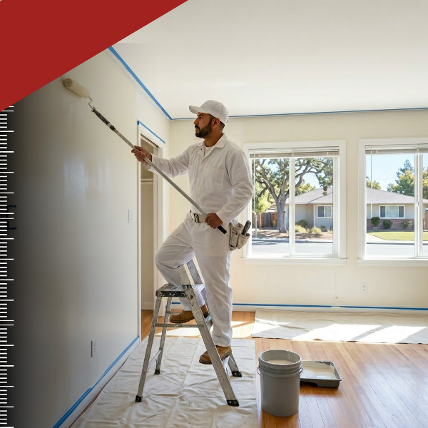 A contractor in a uniform painting a living room wall in a San Jose home