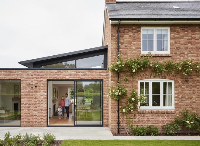 Family in a Modern Brick House with Glass Extension and Garden