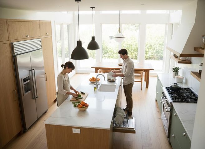 Couple preparing food and loading dishes in a bright, modern kitchen