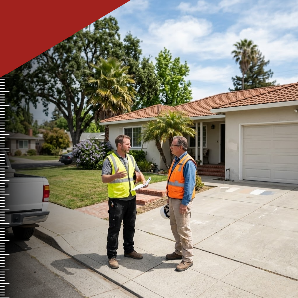 two construction workers standing outside of a home in San Jose talking.