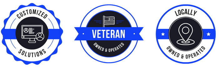 Trust badges for customized solutions, veteran owned and operated, and locally owned and operated