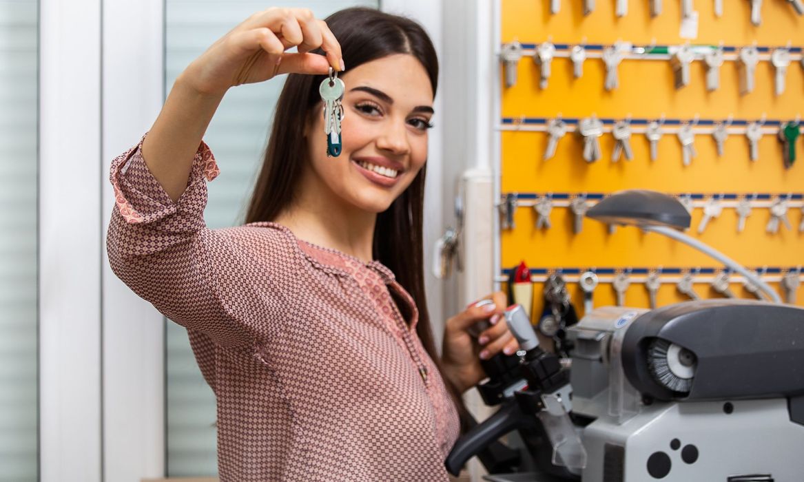 woman holding up keys while working on key making machine