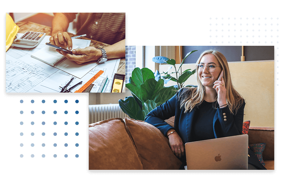 collage of images - image of hands holding a phone on top of blueprint. image of woman on phone smiling with laptop